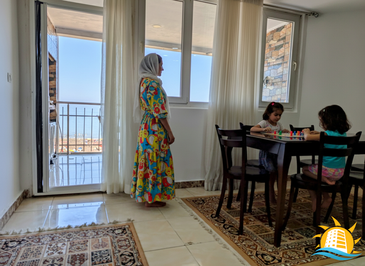 Dining area with balcony and sea view